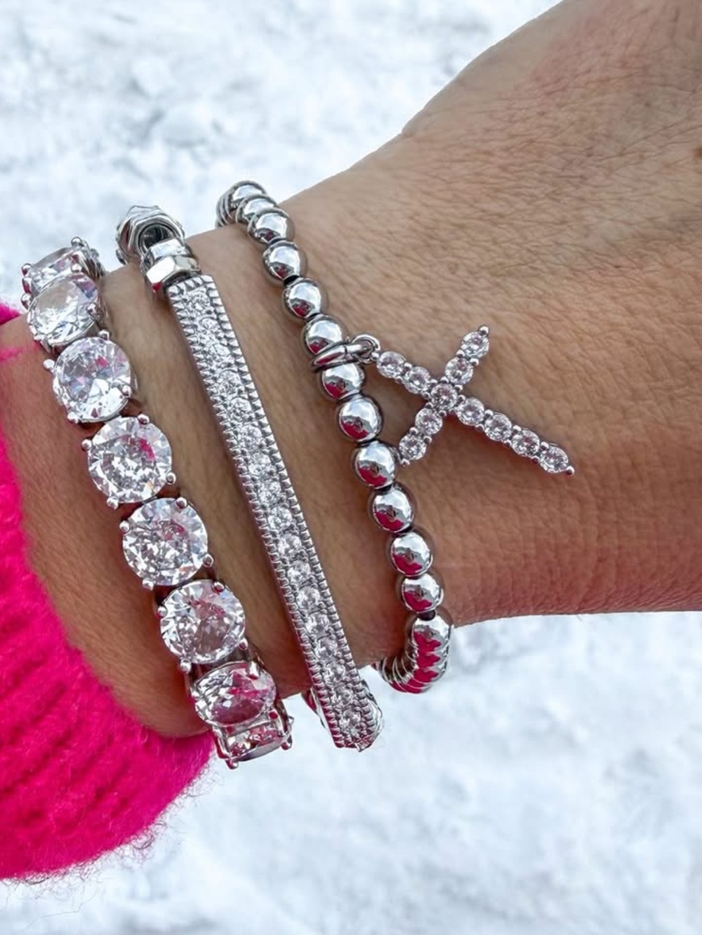 Park Lane “EDEN” Crystal Cross Silver Bead Stretch Bracelet